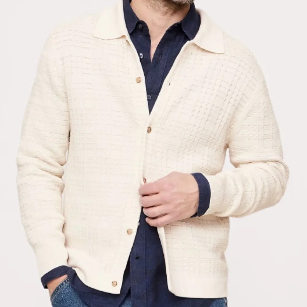 Banana Republic Plaid Texture Cotton Polo Cardigan, Cream White, Medium, EUC